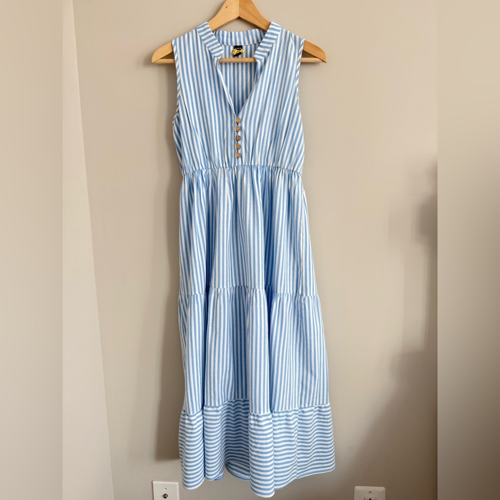 SHEIN Breezaya Striped Print Notched Neck A-Line Dress Blue White 4 - Picture 4 of 12